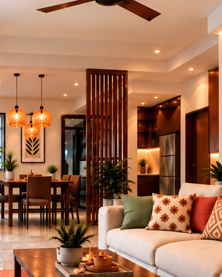 Living and dining room with timber slat partitions and pendant lamps