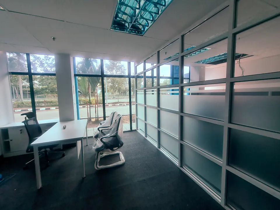 Private office with frosted-band glass partitions